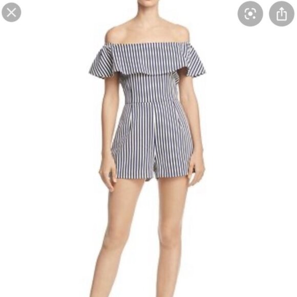 AQUA BLOOMINGDALES Striped Off the Shoulder Romper XS - Picture 1 of 5